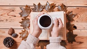 Preview wallpaper coffee, drink, cup, hands, book, autumn, cozy