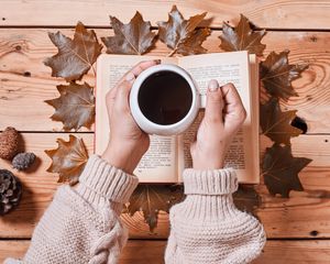 Preview wallpaper coffee, drink, cup, hands, book, autumn, cozy