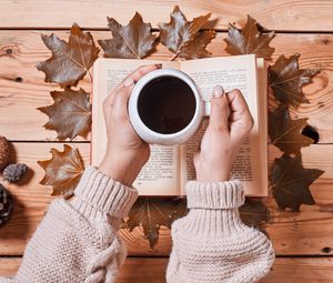 Preview wallpaper coffee, drink, cup, hands, book, autumn, cozy