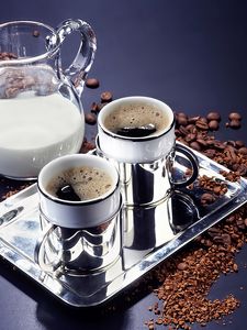 Preview wallpaper coffee, drink, milk, decanter, cups, tray