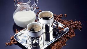 Preview wallpaper coffee, drink, milk, decanter, cups, tray