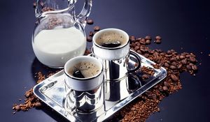 Preview wallpaper coffee, drink, milk, decanter, cups, tray