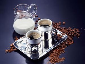 Preview wallpaper coffee, drink, milk, decanter, cups, tray