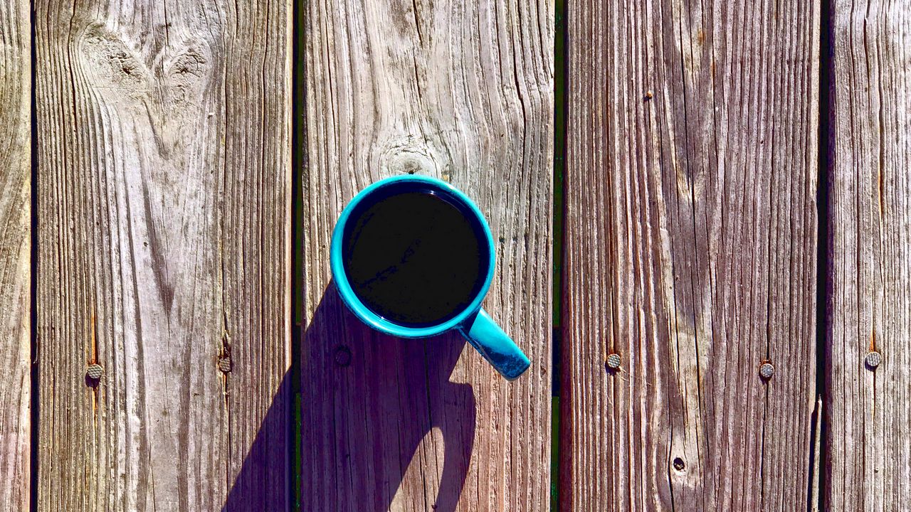 Wallpaper coffee, drink, mug, boards, wood, shadow