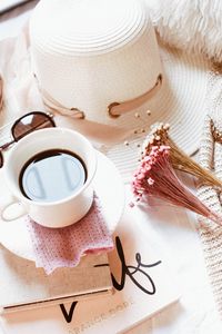 Preview wallpaper coffee, flowers, book, hat, glasses