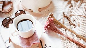 Preview wallpaper coffee, flowers, book, hat, glasses