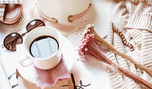 Preview wallpaper coffee, flowers, book, hat, glasses