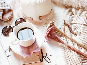 Preview wallpaper coffee, flowers, book, hat, glasses