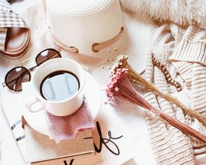 Preview wallpaper coffee, flowers, book, hat, glasses