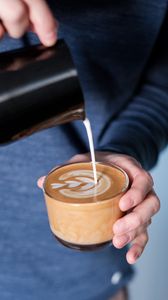 Preview wallpaper coffee, glass, drink, milk, hands, barista