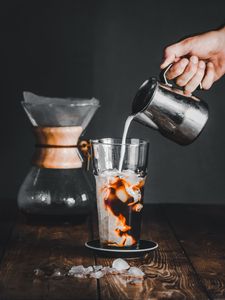 Preview wallpaper coffee, glass, hand, milk, ice, drink