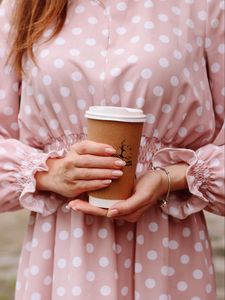 Preview wallpaper coffee, glass, hands, girl, dress