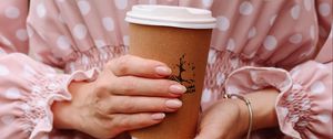 Preview wallpaper coffee, glass, hands, girl, dress