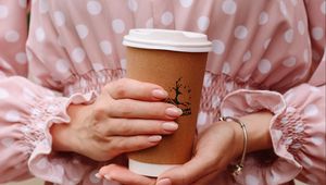 Preview wallpaper coffee, glass, hands, girl, dress