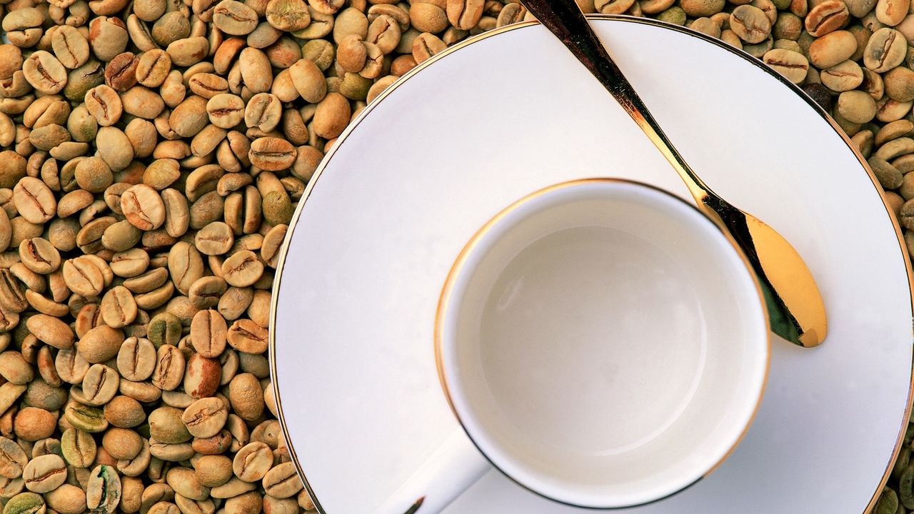 Wallpaper coffee, grains, saucer, mug, spoon