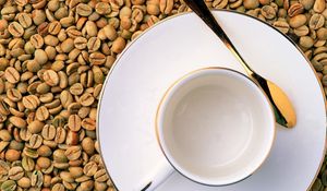 Preview wallpaper coffee, grains, saucer, mug, spoon