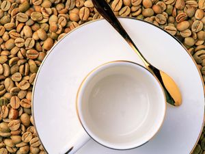 Preview wallpaper coffee, grains, saucer, mug, spoon