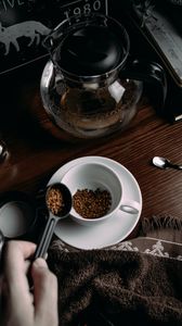 Preview wallpaper coffee, granules, mug, spoon, kettle