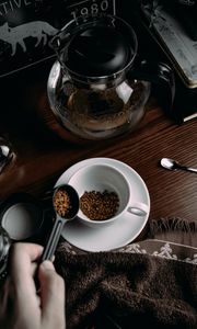 Preview wallpaper coffee, granules, mug, spoon, kettle