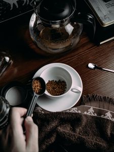 Preview wallpaper coffee, granules, mug, spoon, kettle