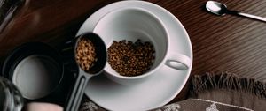 Preview wallpaper coffee, granules, mug, spoon, kettle