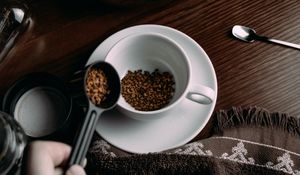 Preview wallpaper coffee, granules, mug, spoon, kettle