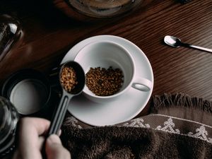 Preview wallpaper coffee, granules, mug, spoon, kettle