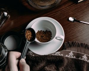 Preview wallpaper coffee, granules, mug, spoon, kettle