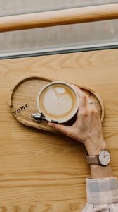 Preview wallpaper coffee, hand, watch, wooden