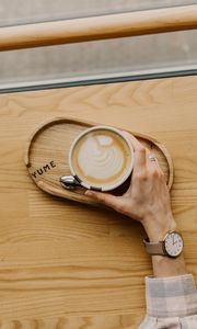 Preview wallpaper coffee, hand, watch, wooden