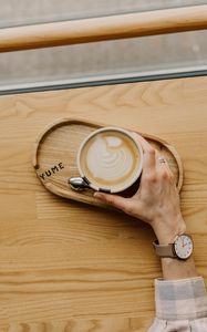 Preview wallpaper coffee, hand, watch, wooden