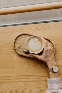 Preview wallpaper coffee, hand, watch, wooden