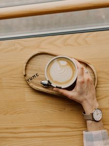 Preview wallpaper coffee, hand, watch, wooden