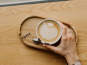 Preview wallpaper coffee, hand, watch, wooden