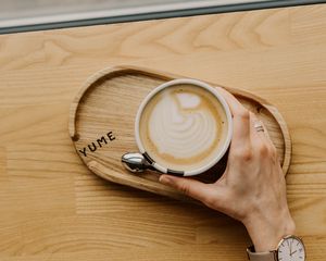 Preview wallpaper coffee, hand, watch, wooden