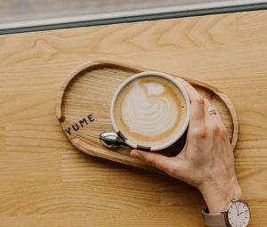 Preview wallpaper coffee, hand, watch, wooden