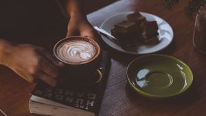 Preview wallpaper coffee, hands, cup, book