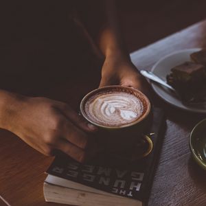 Preview wallpaper coffee, hands, cup, book