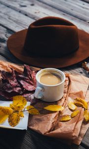 Preview wallpaper coffee, hat, leaves