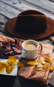 Preview wallpaper coffee, hat, leaves