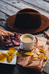 Preview wallpaper coffee, hat, leaves