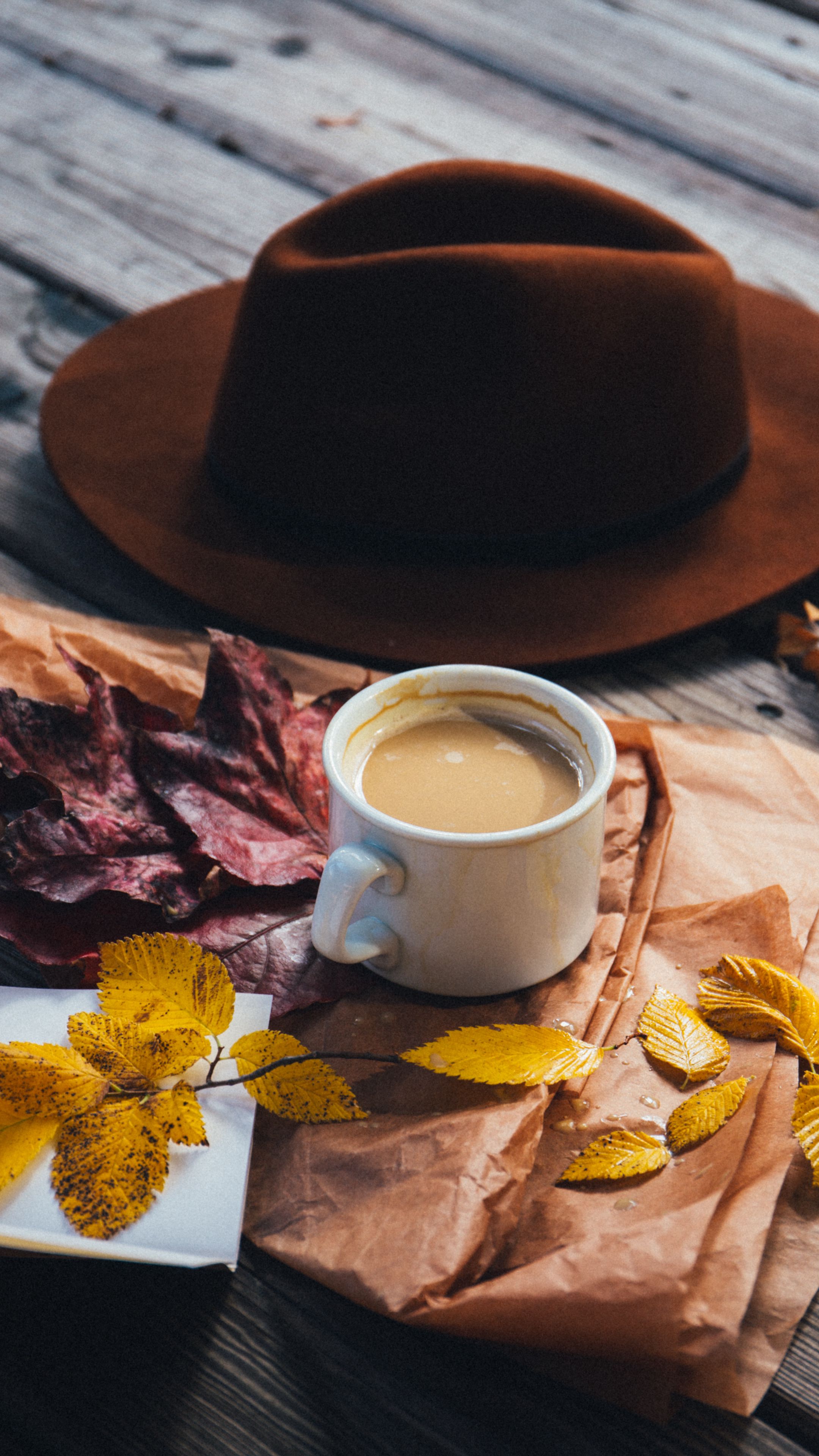 Download wallpaper 2160x3840 coffee, hat, leaves samsung galaxy s4, s5