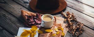 Preview wallpaper coffee, hat, leaves