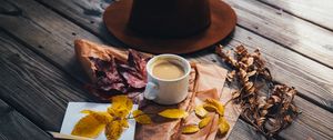 Preview wallpaper coffee, hat, leaves