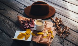 Preview wallpaper coffee, hat, leaves