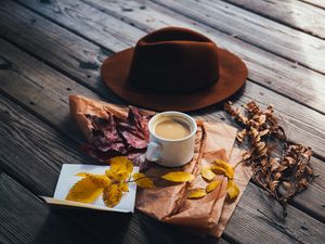 Preview wallpaper coffee, hat, leaves