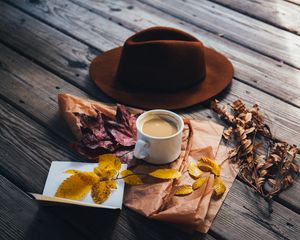 Preview wallpaper coffee, hat, leaves