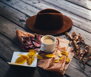 Preview wallpaper coffee, hat, leaves