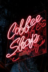 Preview wallpaper coffee, inscription, neon, backlight, dark