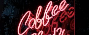 Preview wallpaper coffee, inscription, neon, backlight, dark